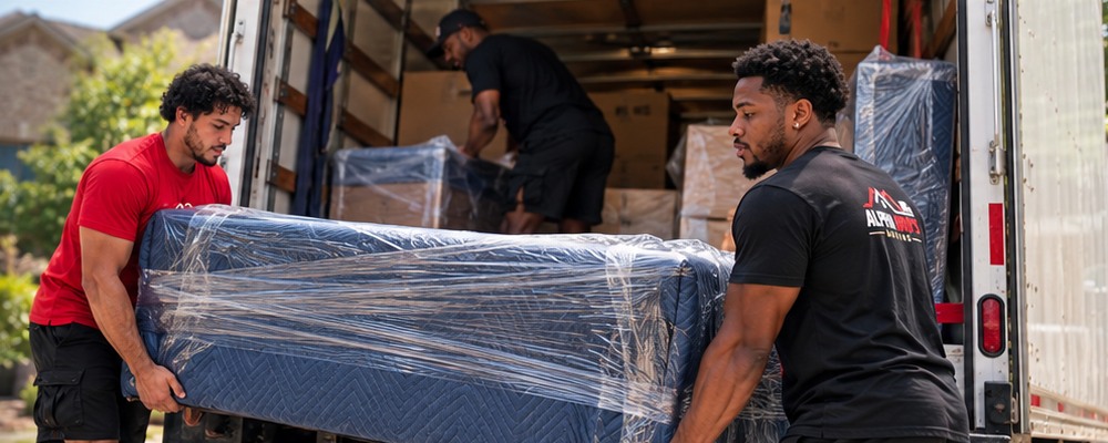 Diverse moving crew carrying a wrapped couch into a moving truck